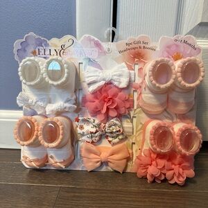 Elly & Emmy Peach and White Baby Headwraps and Booties Set